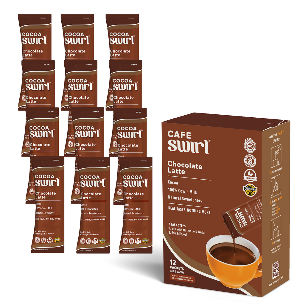 Box of Swirl Chocolate Latte featuring Cocoa, includes 12 packs. Each highlights premium cocoa, 100% cow's milk, and natural sweeteners.