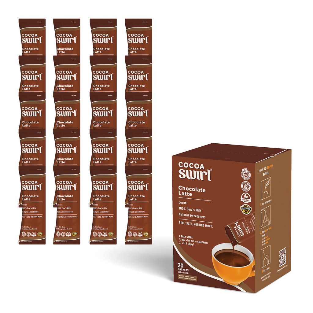 Explore the Swirl Chocolate Latte packaging, offering premium cocoa in single-serve sachets. Each pack includes clear instructions and nutritional details for a delightful chocolate experience.