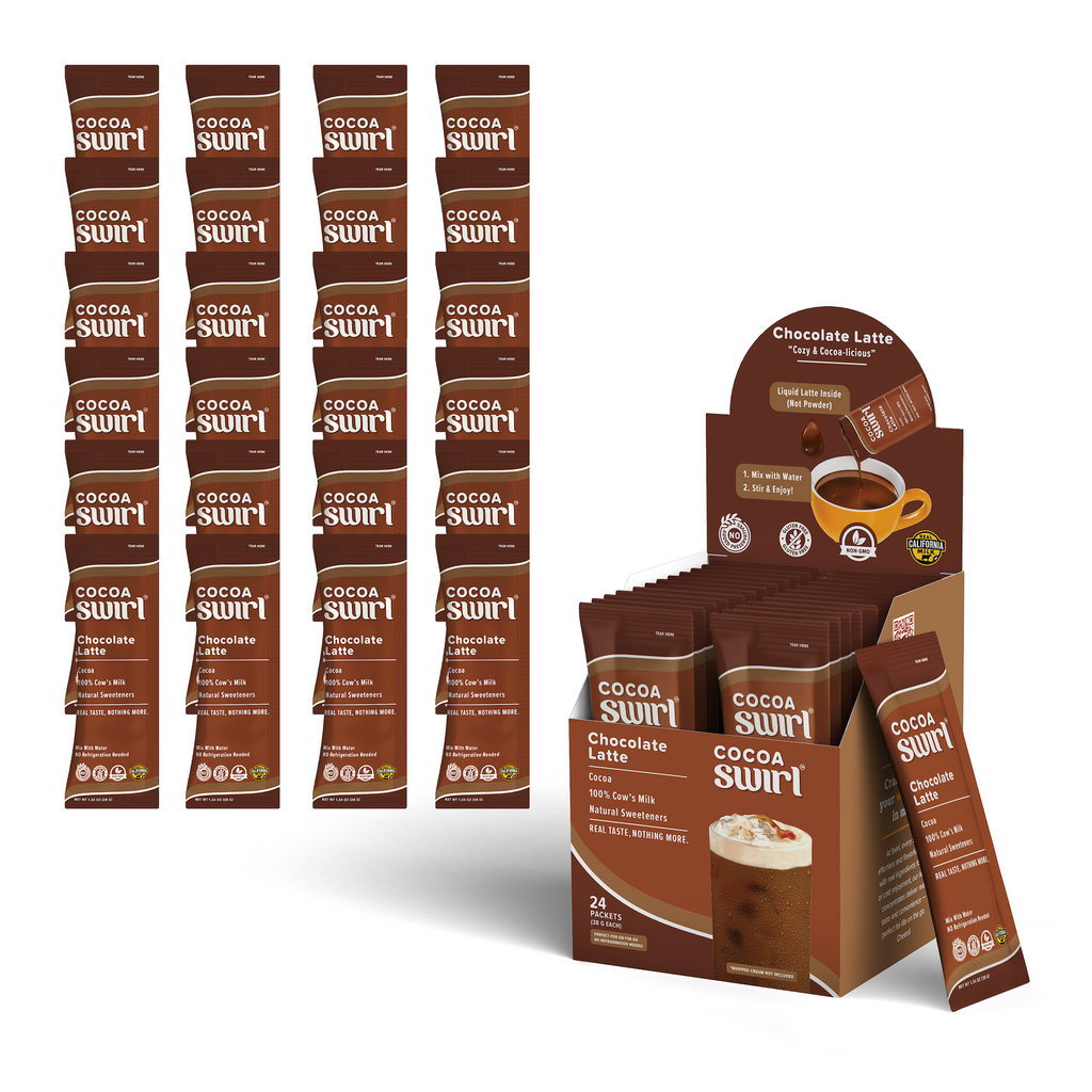 Display of Swirl Chocolate Latte packets, featuring single serve packs of premium cocoa, arranged next to an open box revealing sachets and an iced latte image.