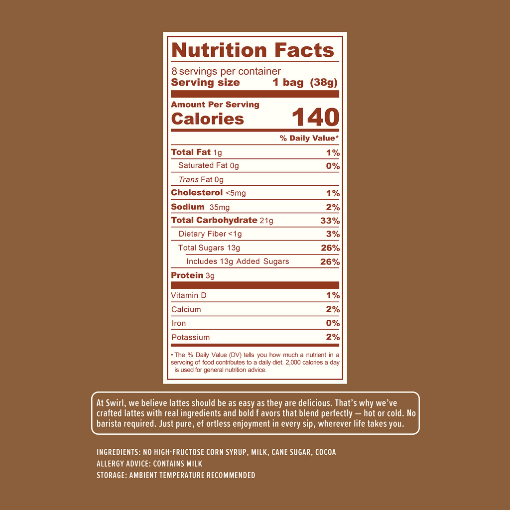 The Swirl Chocolate Latte features nutrition facts showing 140 calories per serving, made with simple ingredients like premium cocoa, milk, and cane sugar. It's free from high-fructose corn syrup and perfect for enjoying anywhere with convenient single-serve packs.