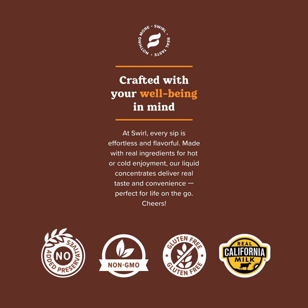 A rich brown ad showcases Swirl's Chocolate Latte, offering preservative-free, non-GMO, gluten-free liquid concentrates in single-serve packs. Featuring the real California milk logo and premium cocoa flavors that emphasize well-being.